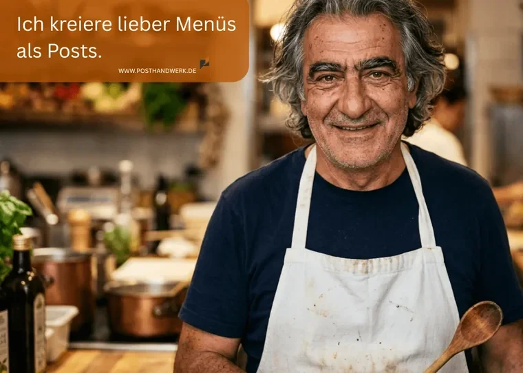 Leidenschaft in der Gastronomie: Authentischer Koch als KI-Motiv für Social Media.