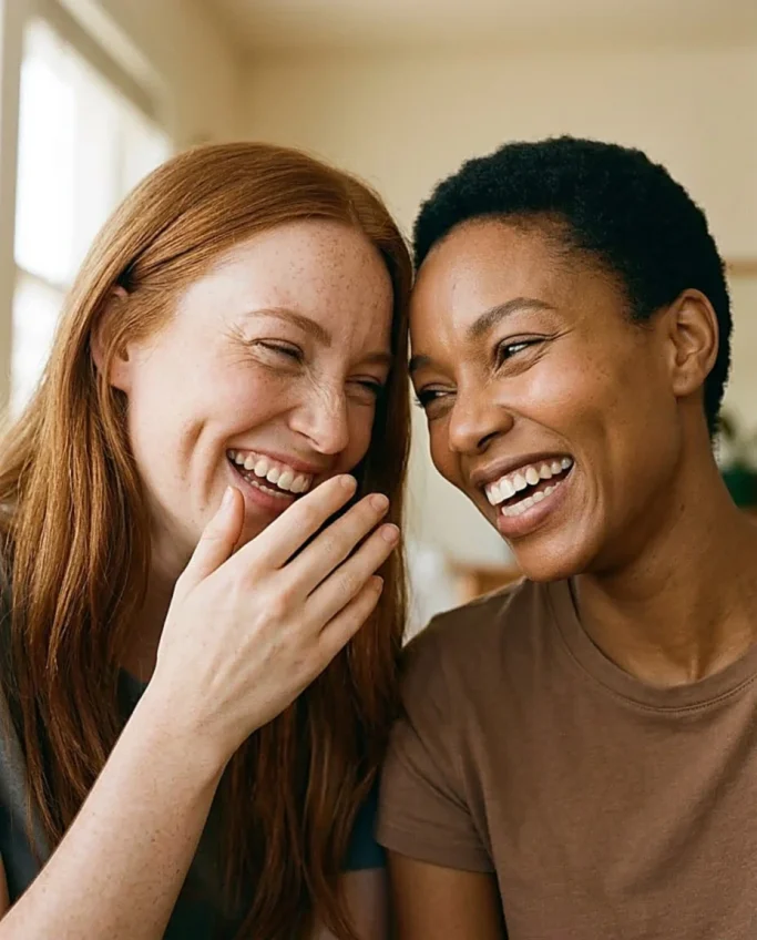 Two women laughing heartily together – AI-generated image for wellness, beauty and gastronomy brands.