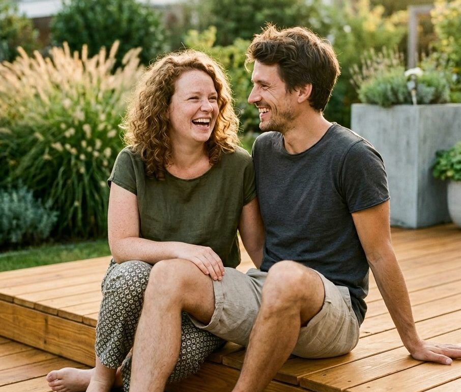 Smiling couple sitting on a wooden deck – example of AI product integration into a lifestyle scene.