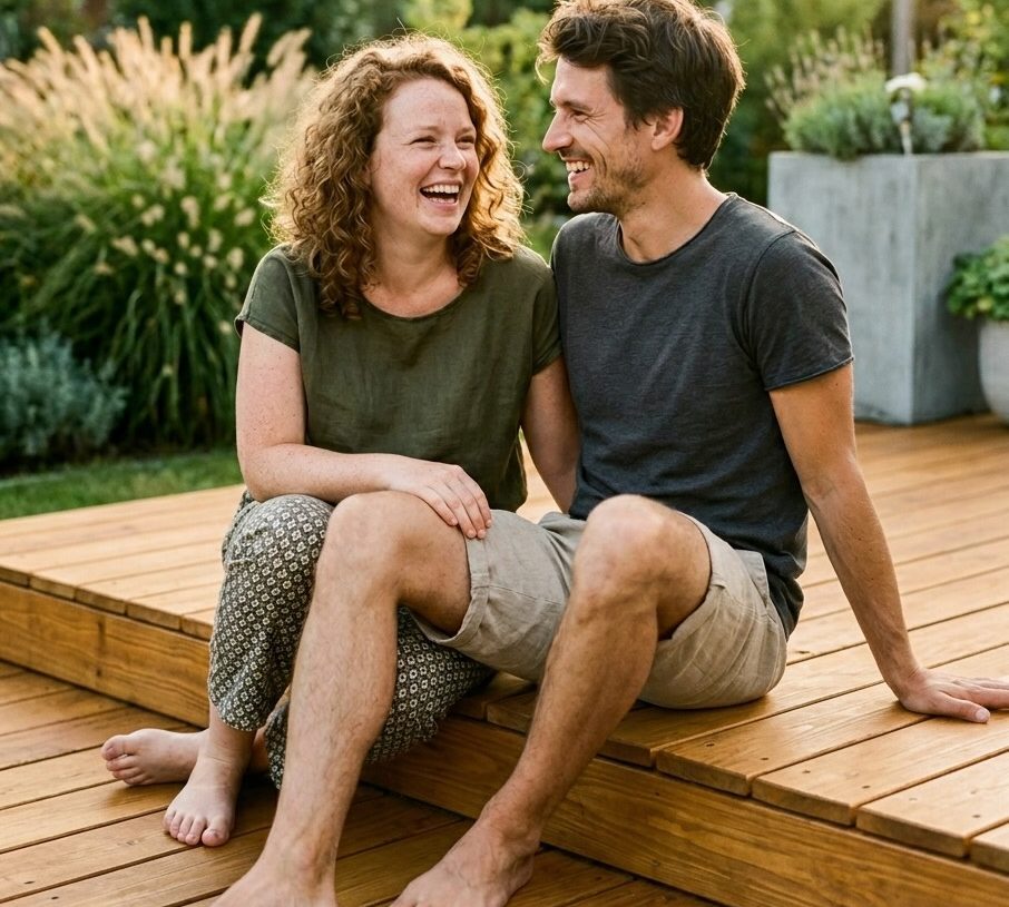 Lachendes Paar auf der Terrasse – KI-Werbebild für Lifestyle und Wohnen.
