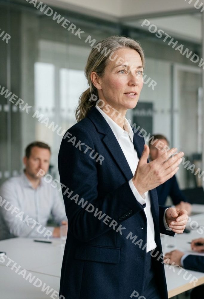 Confident businesswoman presenting to a team in a modern meeting room, AI-generated image for leadership, corporate and B2B marketing.