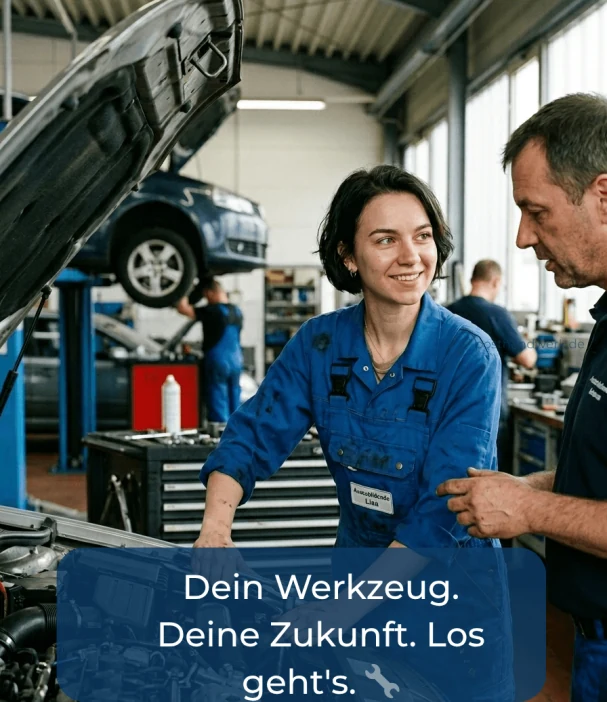 Junge KFZ-Mechanikerin, Ausbildung:
KFZ-Ausbildung, Nachwuchsgewinnung mit Social-Media-Recruiting-Post.