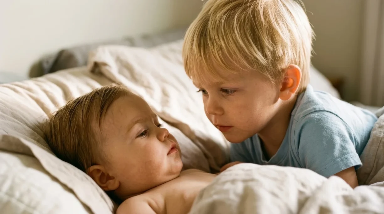 Baby and toddler cuddling together in bed in the morning – AI ad image for family and baby product brands.