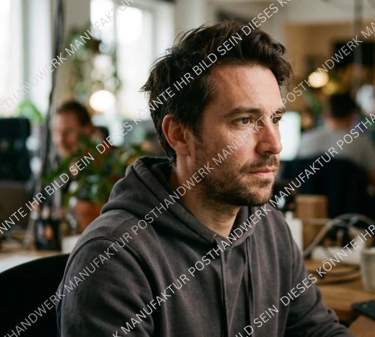 Thoughtful man with freckles in modern open office, atmospheric AI portrait for creative industries.