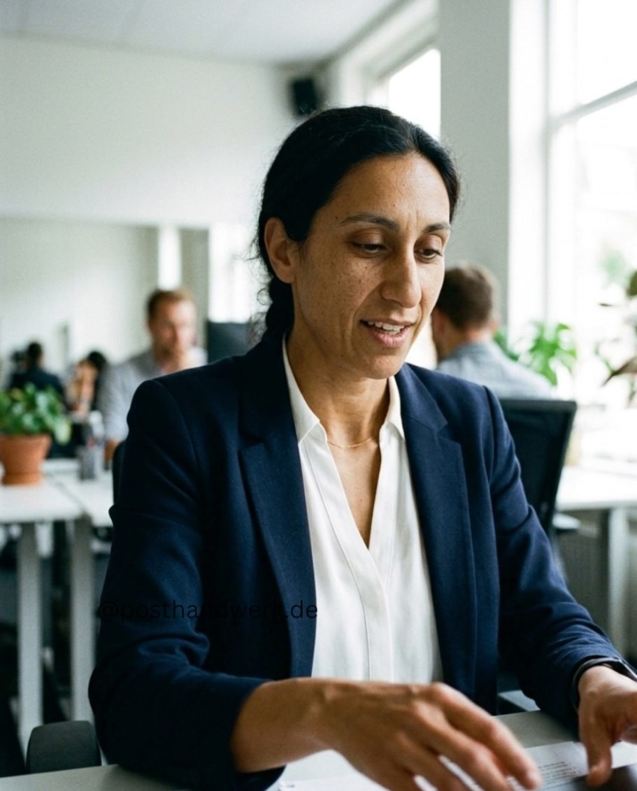 Same AI brand character in a business office setting – consistent virtual model for corporate marketing.