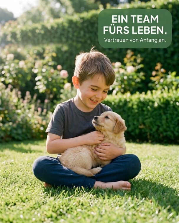 Junge kuschelt mit Welpen im Gras: Neukundengewinnung, KI-generiertes Werbebild für Tierarztpraxen.