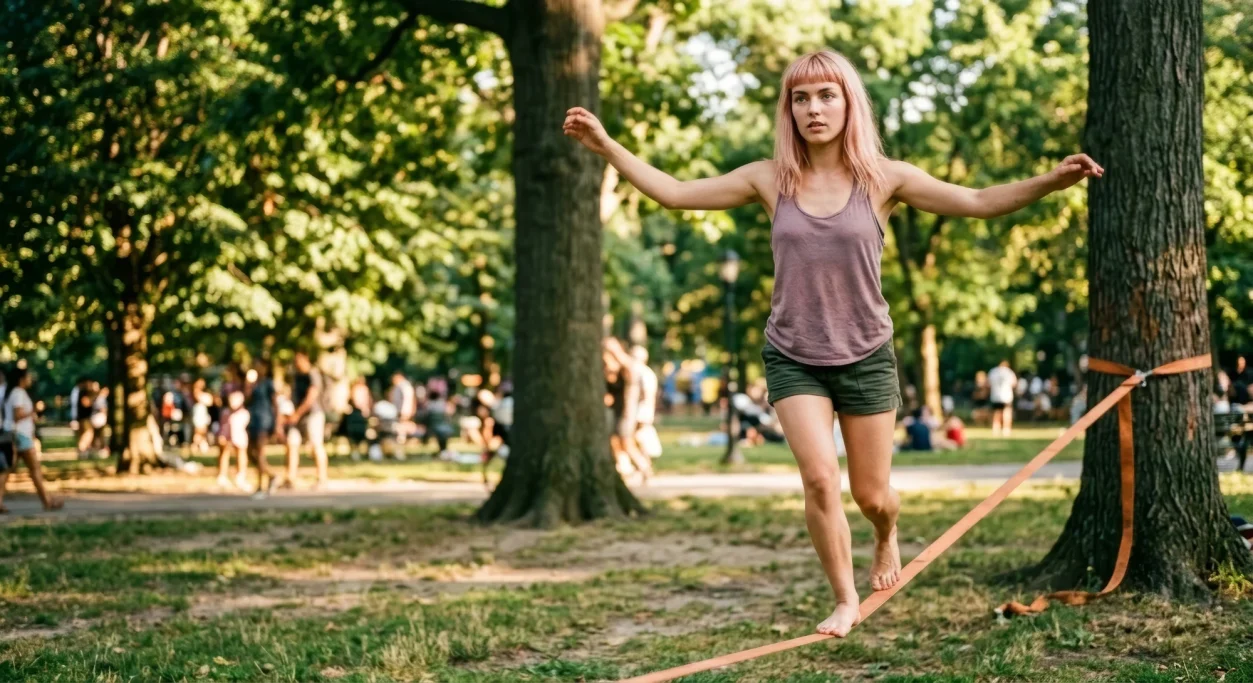 Woman balancing on a slackline in the park – AI ad image for sport and outdoor brands.