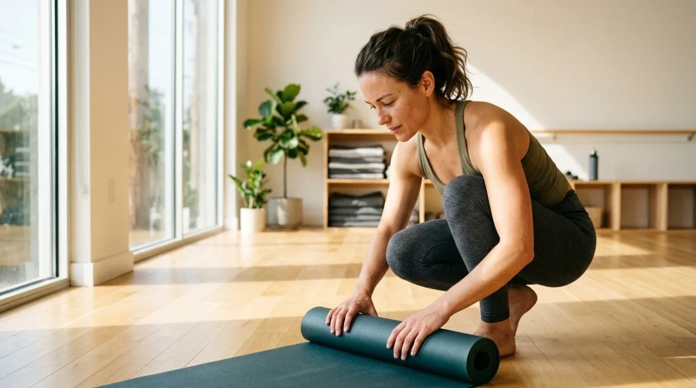 Frau rollt ihre Yogamatte im hellen Studio zusammen – KI-Werbebild für Yoga und Fitnessstudios.