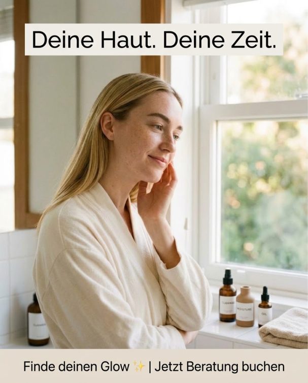 Frau im Bademantel mit Skincare-Produkten: Vermarktung von Pflegeprodukten, KI-generiertes Werbebild für Beauty-Marken und Dermatologen.