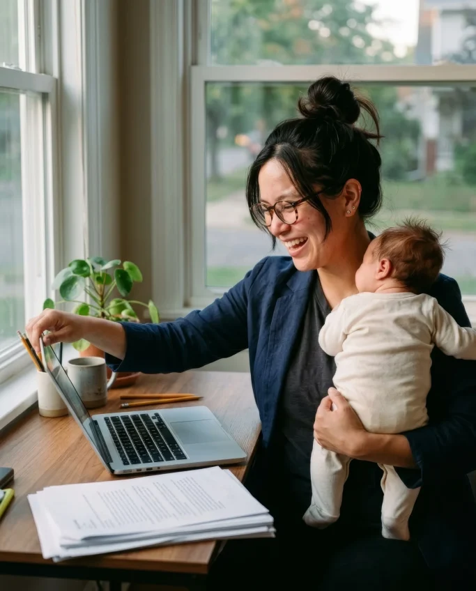 Mother working on her laptop while holding her baby – AI ad image for home office and family brands.
