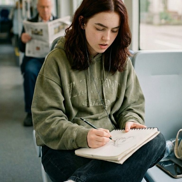 Junge Frau malt in Notizbuch in der Bahn – KI-Bild von Posthandwerk für Bildung, Jugendarbeit und Mobilität.