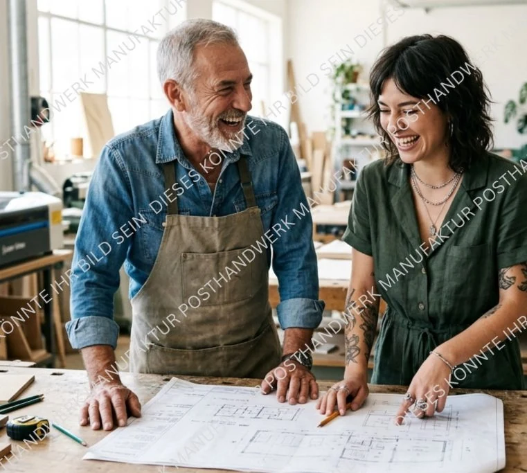 Master craftsman and young female apprentice laughing over blueprints,
AI image for team culture and apprenticeship marketing.