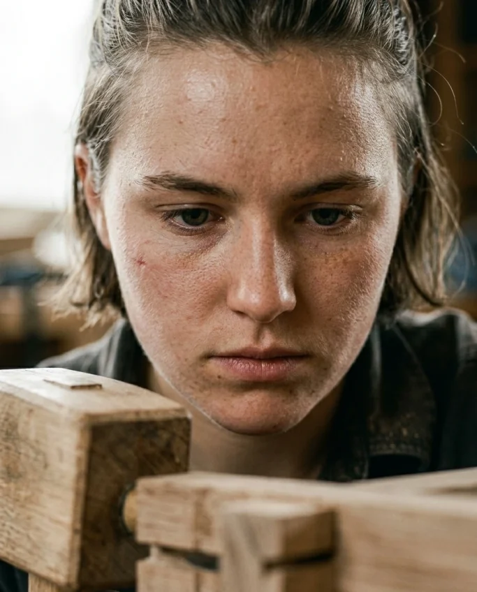 Young woman concentrating on a piece of woodwork – AI ad image for trades and carpentry brands.