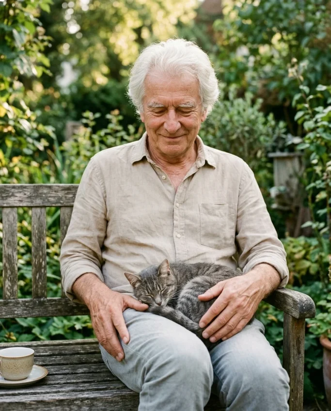 Senior man relaxing with his cat on a garden bench – AI ad image for senior care and pet brands.