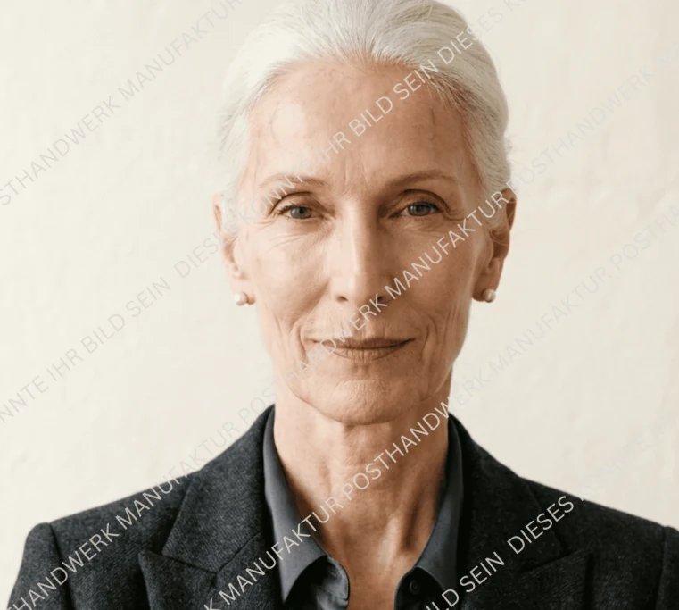 Elegant senior woman in a business suit – professional AI-generated corporate portrait for social media branding.