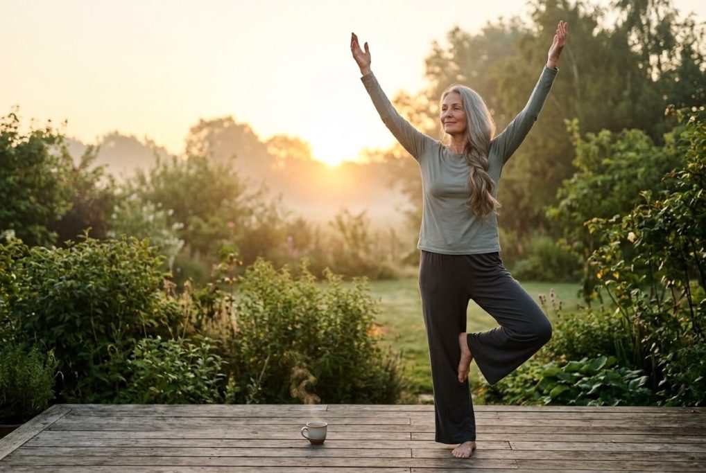 Woman practicing a yoga tree pose at sunrise on the deck – AI ad image for yoga and wellness brands.