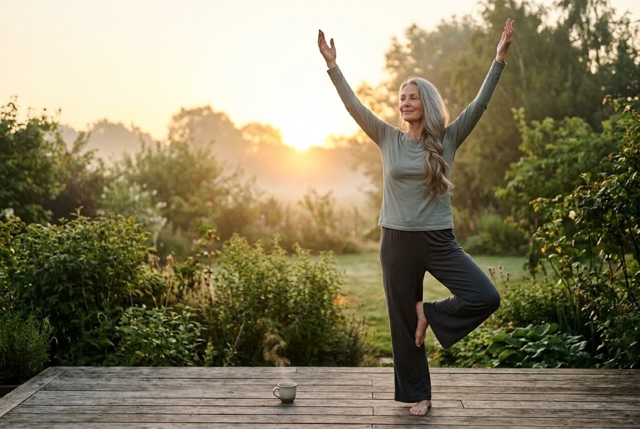 Frau übt Yoga-Baumhaltung bei Sonnenaufgang auf der Terrasse – KI-Werbebild für Yoga und Wellness.