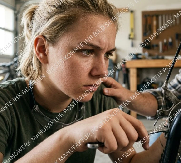 Focused female mechanic repairing a bicycle, AI-generated image for bicycle shops, repair services and skilled trades marketing.