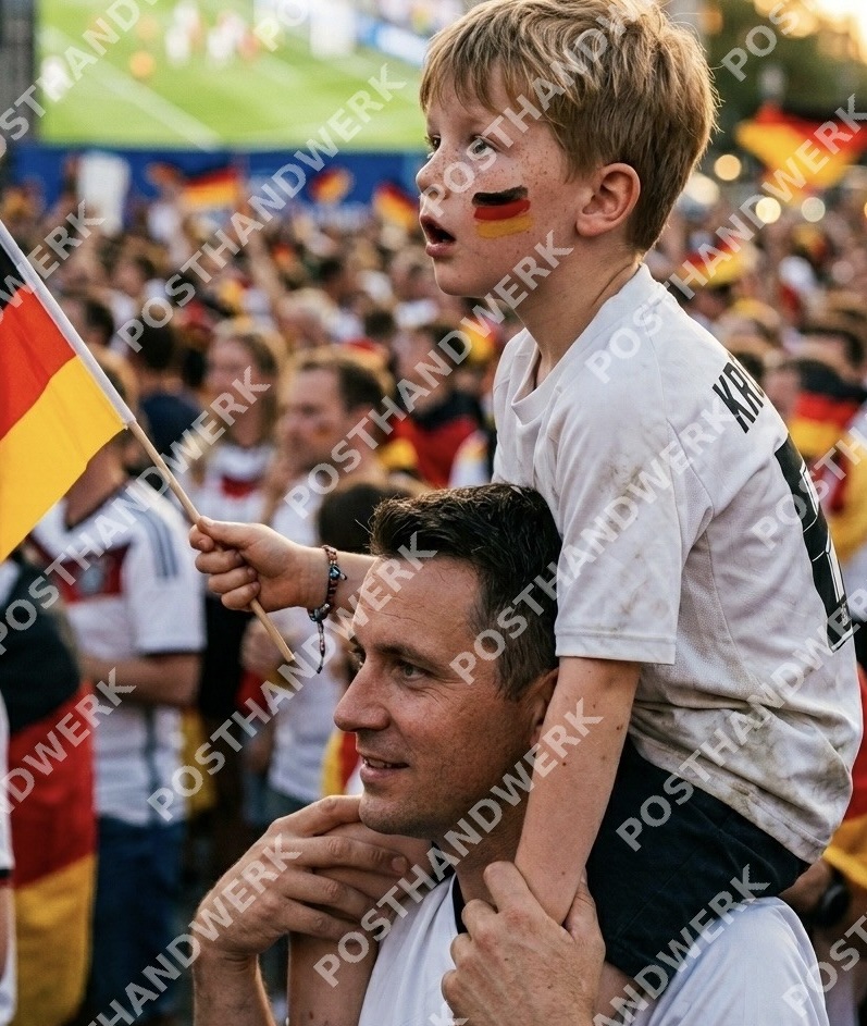 Vater trägt Kind auf Schultern bei Public Viewing mit Deutschlandfahnen – KI-Werbebild zur WM von Posthandwerk für Events und Gastronomie.