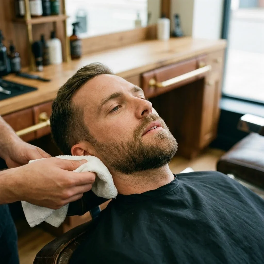 Mann entspannt bei Rasur im Barbiershop – KI-generiertes Werbebild für Friseur und Beauty.