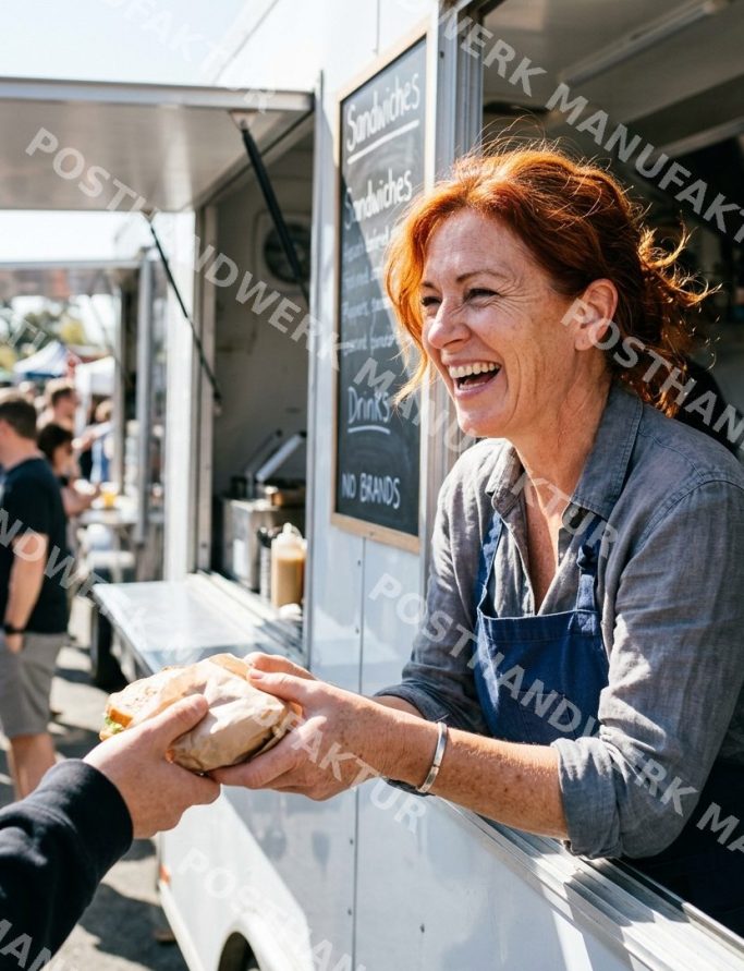 Smiling woman handing food at a food truck window, AI-generated character image for gastronomy, street food and small business marketing.