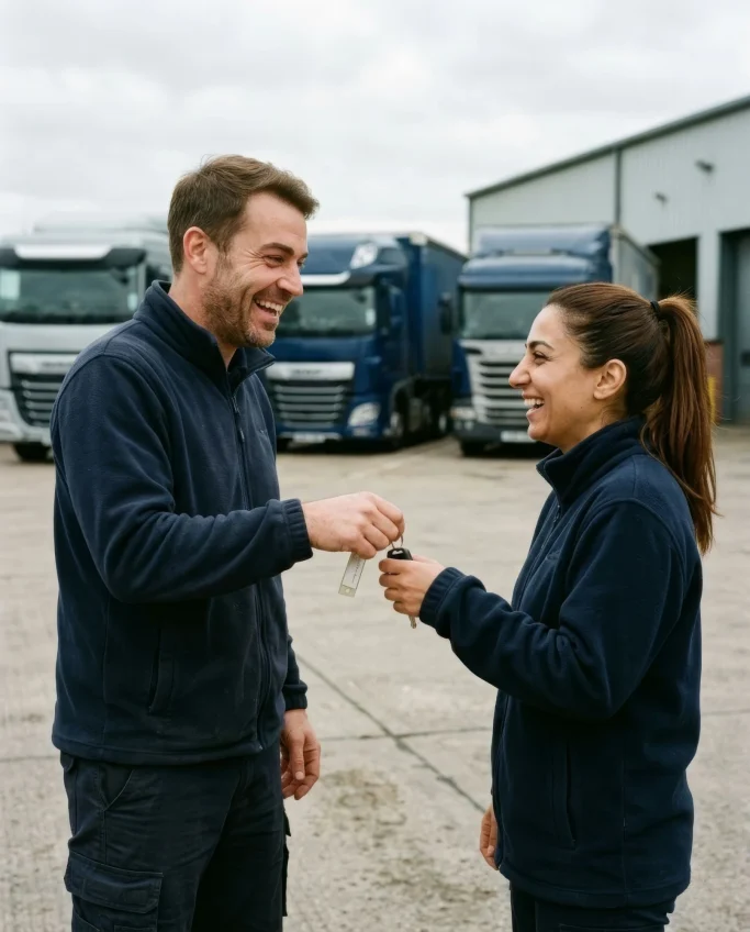 Two drivers laughing while handing over keys in front of trucks – AI ad image for logistics and haulage companies.