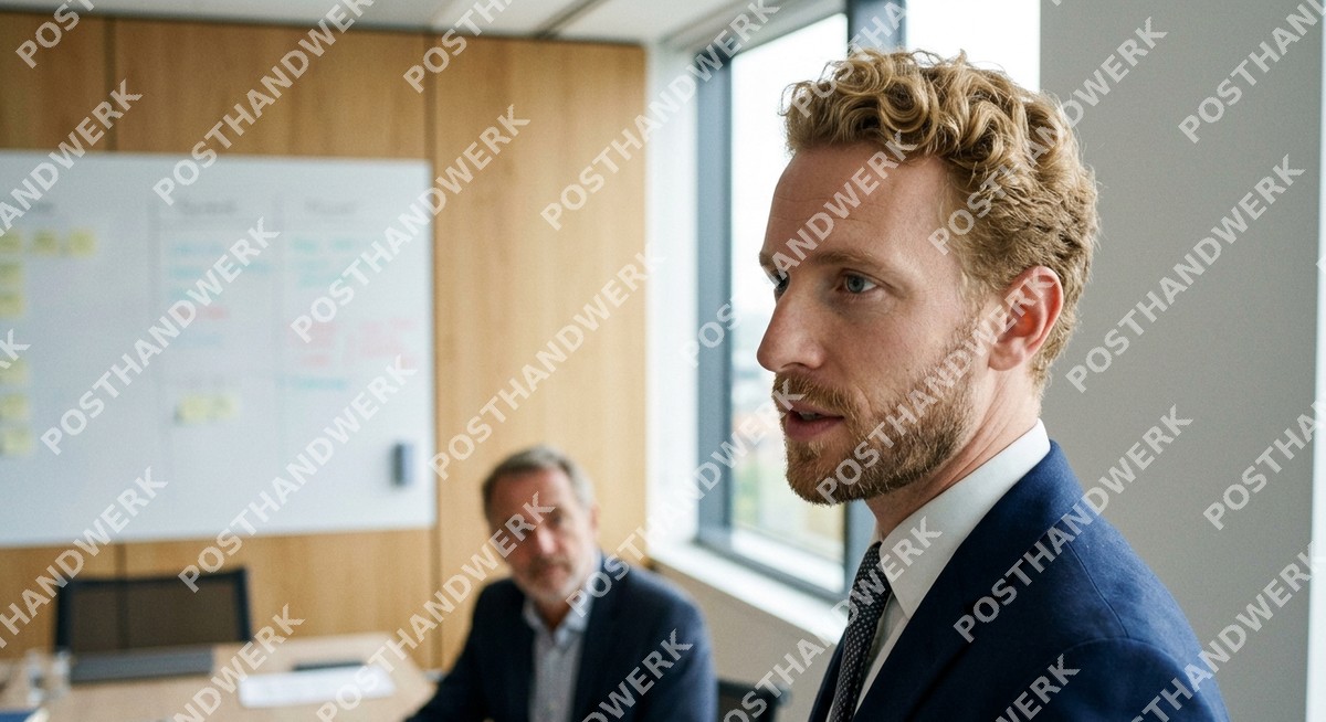 Junger Manager im Anzug im Konferenzraum – KI-Werbefoto von Posthandwerk für Management, Unternehmensberatung und B2B.