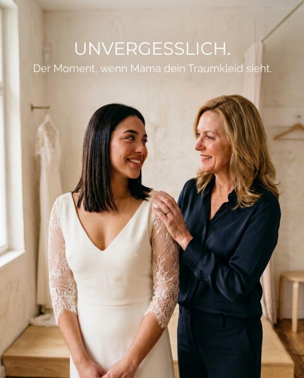 Mutter hält Tochter emotional im Brautkleid im hellen Anprobezimmer: KI-generierter Social-Media Post für Brautmoden.