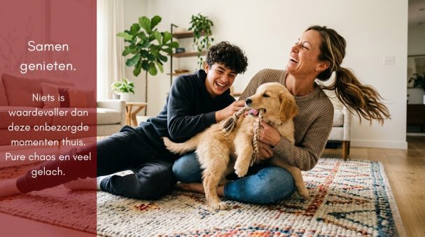 AI-generated realistic advertising motif of mother and son happy and playfully wrestling with a golden retriever on a living room rug.