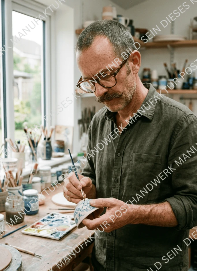 Man with glasses painting ceramics in pottery studio, AI image for artisan
craft businesses and galleries.