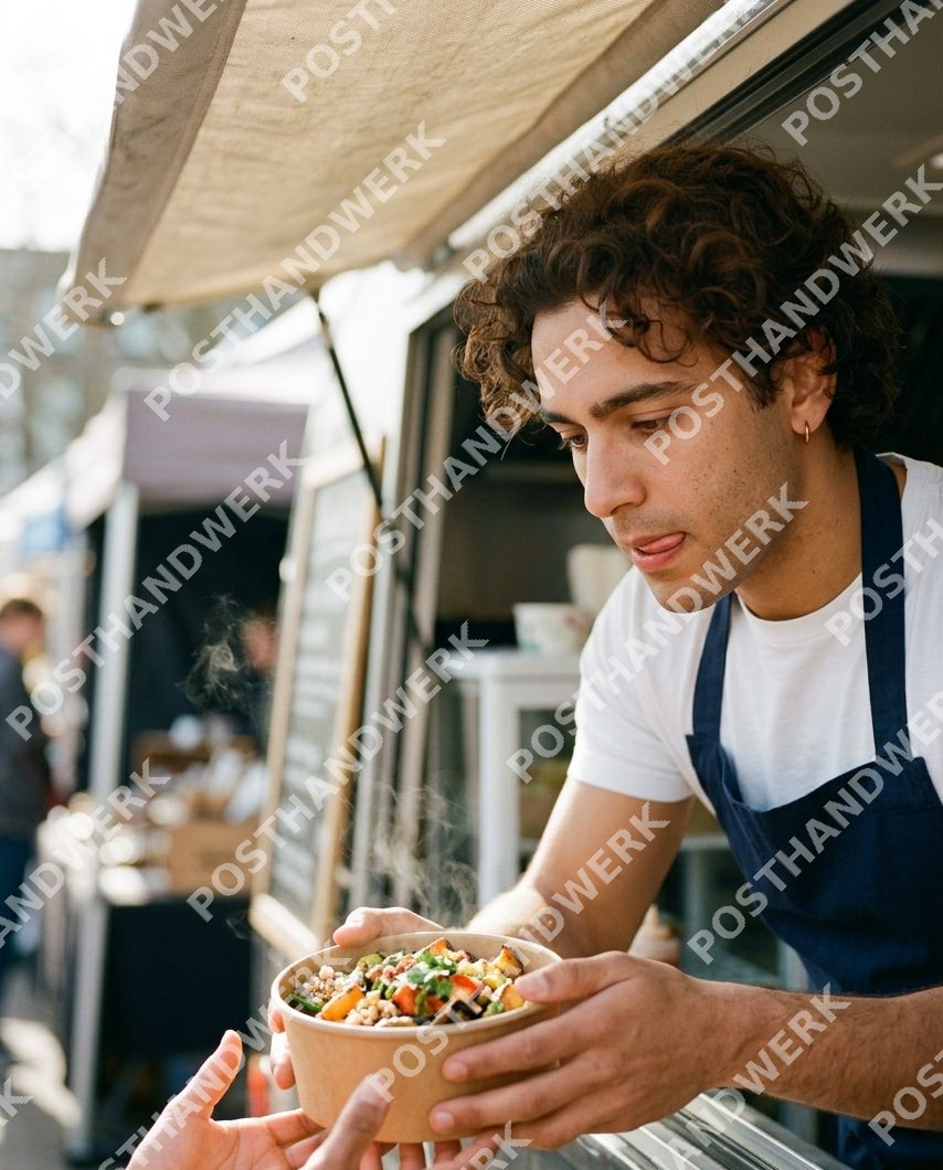 Junger Koch reicht Gericht aus Food Truck – KI-Werbebild von Posthandwerk für Gastronomie, Street Food und Catering.