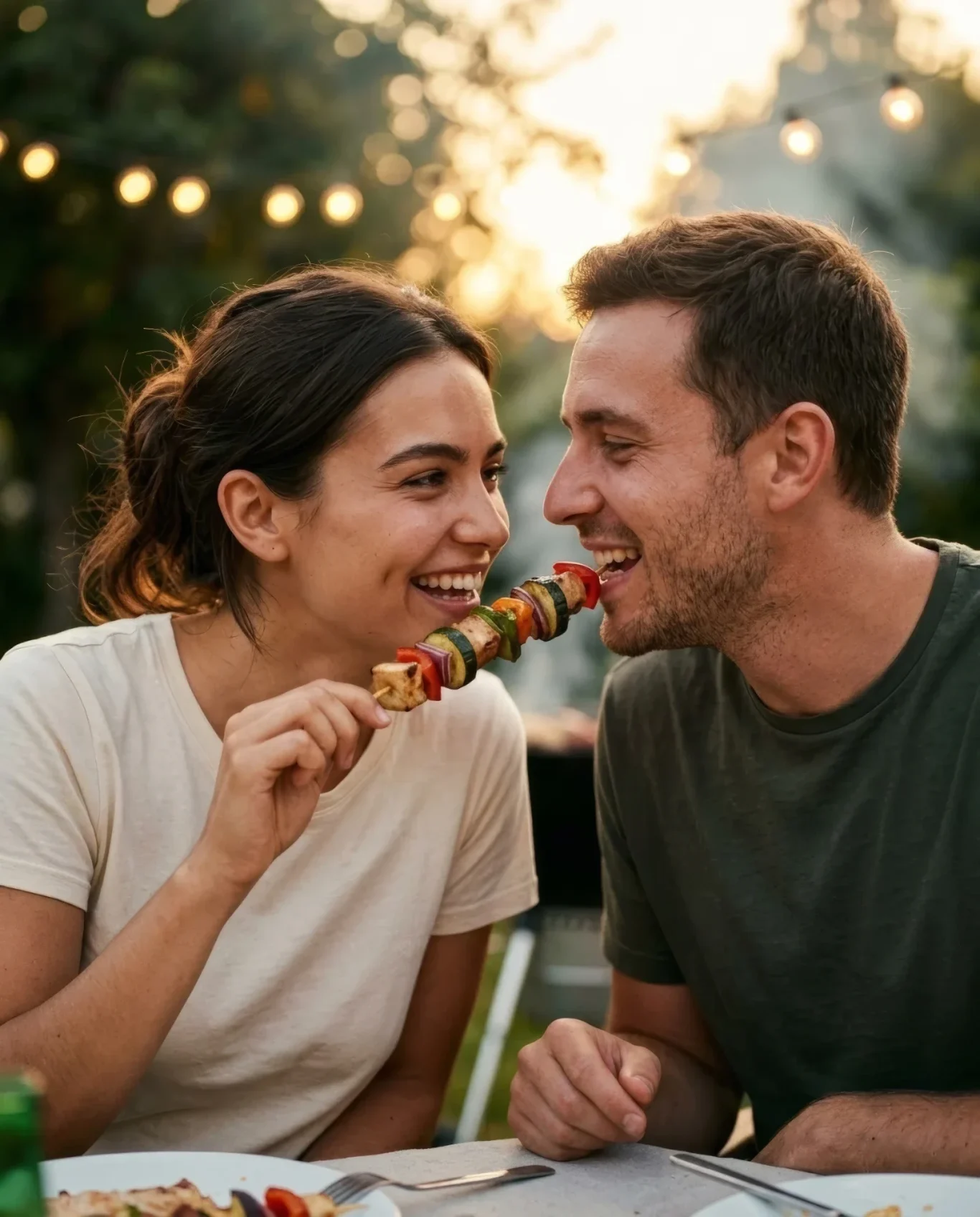 Paar teilt sich lachend einen Grillspieß beim Abendessen im Freien – KI-Werbebild für Gastronomie und Events.