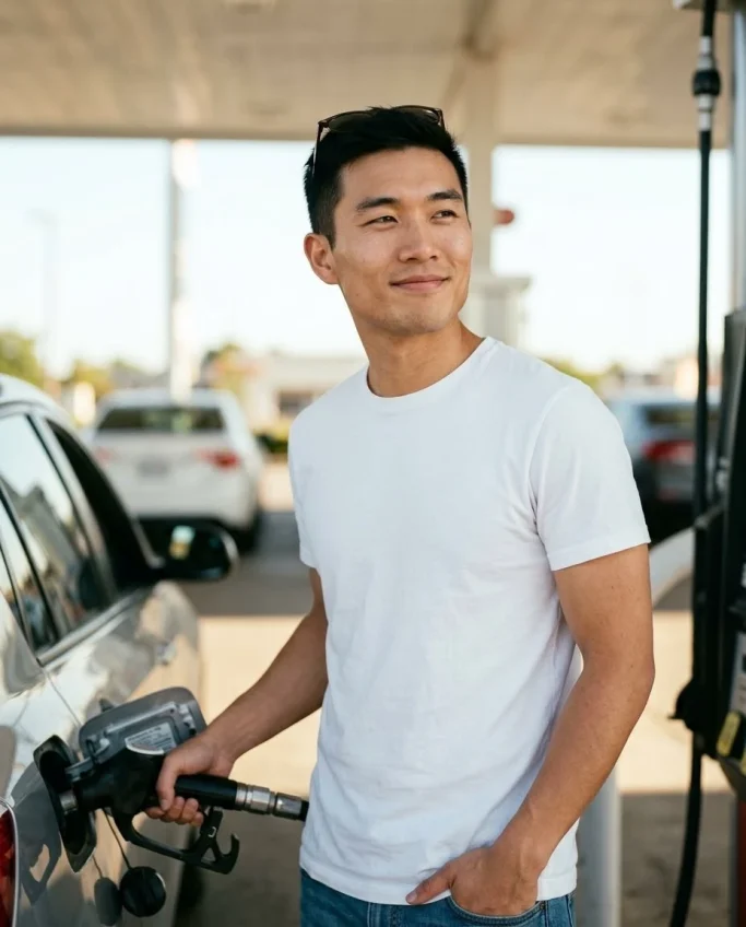 Young man refueling his car at the gas station – AI ad image for gas stations and automotive brands.