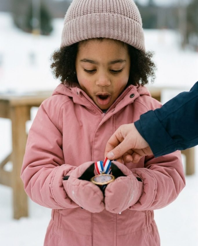 Girl amazed by the medal placed in her hands in the snow – AI ad image for winter sports and sports clubs.