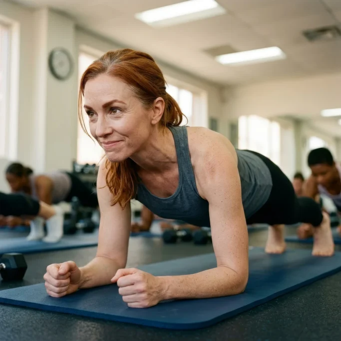 Woman holding a plank position on a mat in the gym – AI ad image for fitness and training brands.