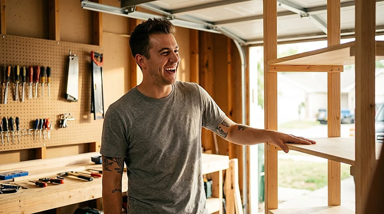 Craftsman laughing in garage by tool wall – AI-generated advertising image for trade businesses.