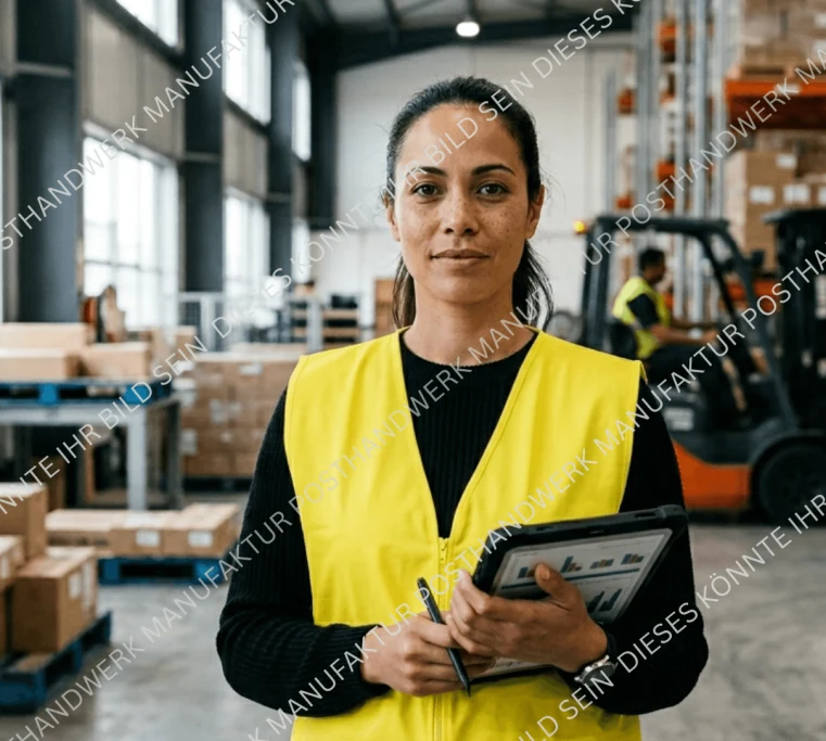 Woman in safety vest with tablet in warehouse, AI image for logistics,
industry and skilled trades.