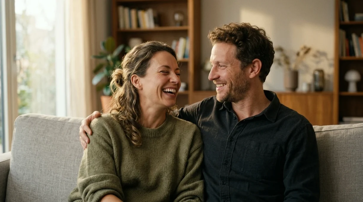 Couple laughing together on the sofa at home – AI ad image for home and furniture brands.