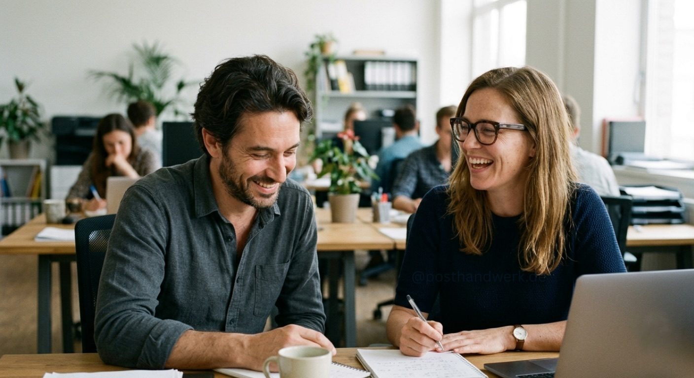 AI-generated photorealistic advertising photo – two colleagues collaborating, no photoshoot needed.