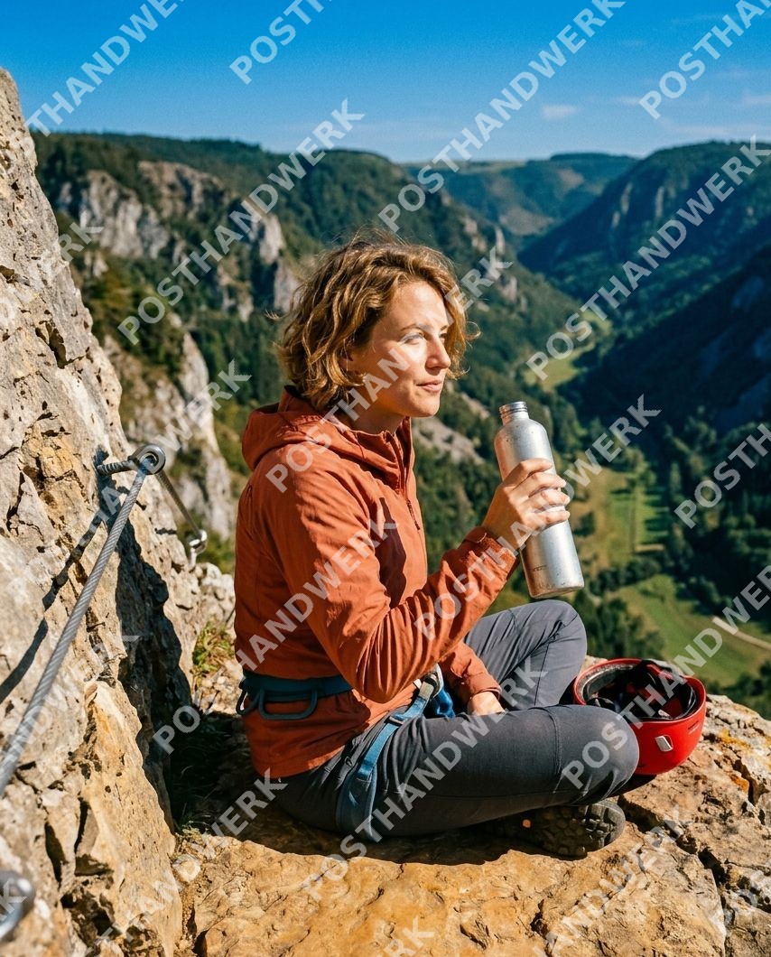 Frau rastet auf Felsvorsprung mit Bergpanorama – KI-Bild von Posthandwerk für Outdoor, Wandern und Tourismus.