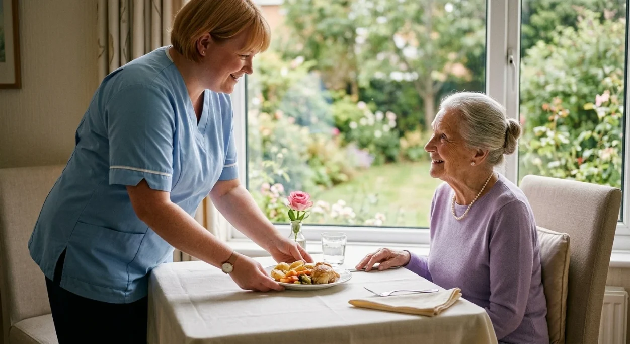 Caregiver lovingly serving a meal to a senior woman – AI ad image for senior care and assisted living brands.