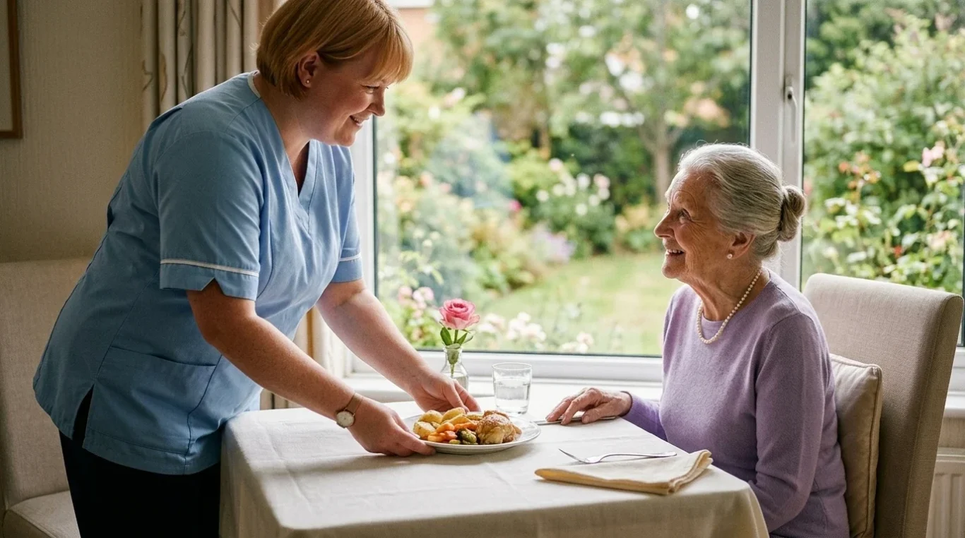 Pflegekraft serviert einer Seniorin liebevoll das Essen – KI-Werbebild für Seniorenpflege und Betreuung.