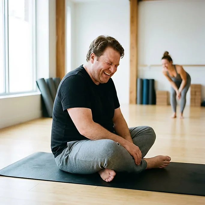 Man laughing on yoga mat in bright yoga studio – AI-generated image for yoga and fitness brands.