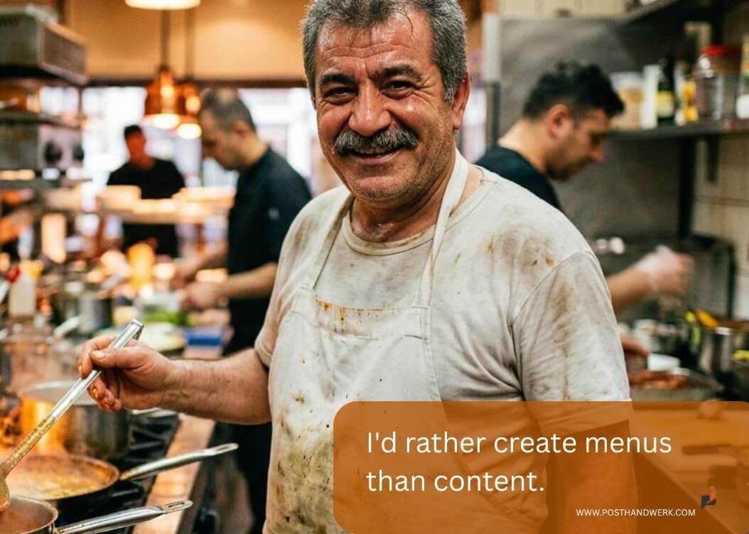Chef cooking in a busy restaurant kitchen – high-end AI-generated social media content for the gastronomy and catering sector.