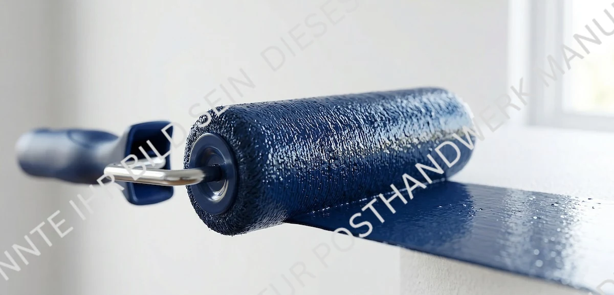 Blue paint roller on white wall, AI detail image for painting contractors and renovation services.