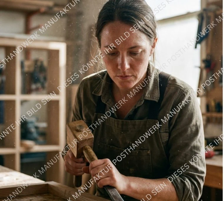 Female craftworker with hammer in workshop, AI image for skilled
tradeswomen and craft businesses.