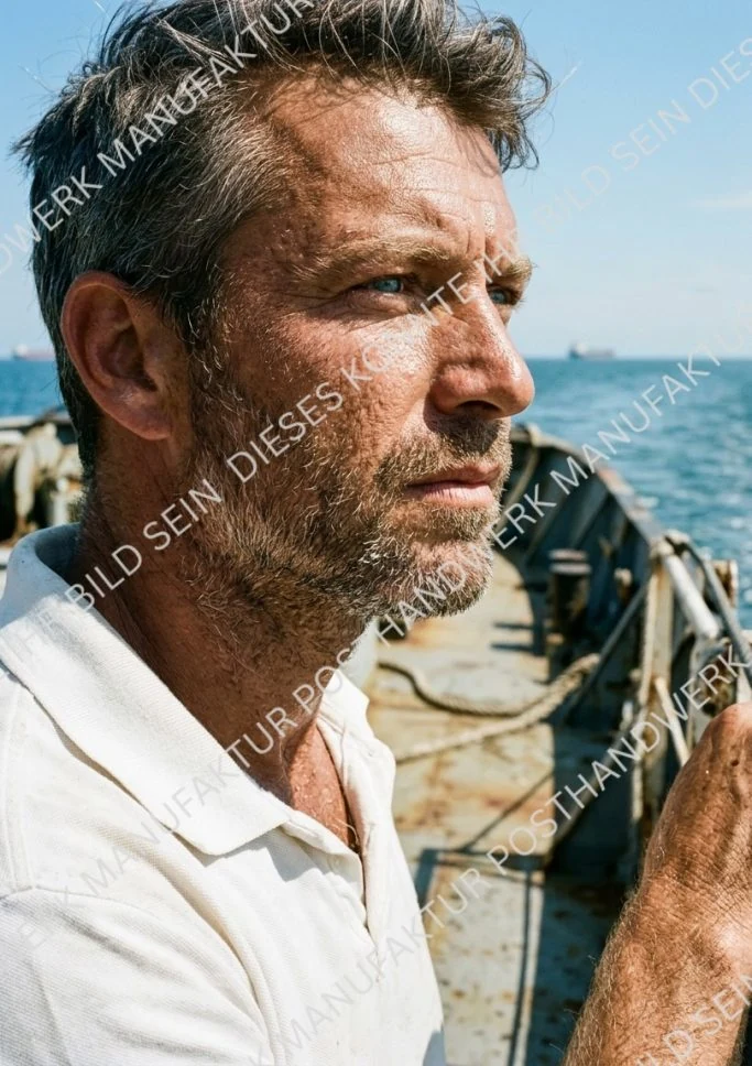 Weathered man at harbour with intense gaze, atmospheric AI portrait for maritime and coastal businesses.