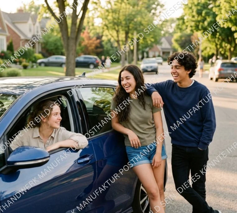 Three young people laughing by a car, AI image for driving schools and
youth-targeted marketing.