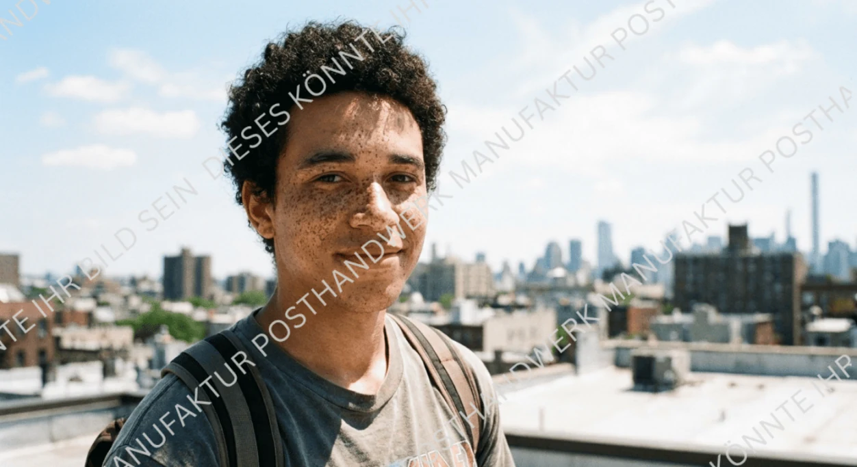 Young man with freckles on the street, authentic AI portrait for youth-oriented target groups.