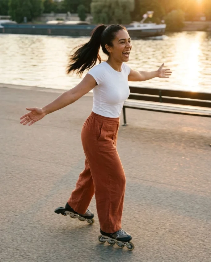 Woman rollerblading by the water at sunset – AI ad image for sport and leisure brands.